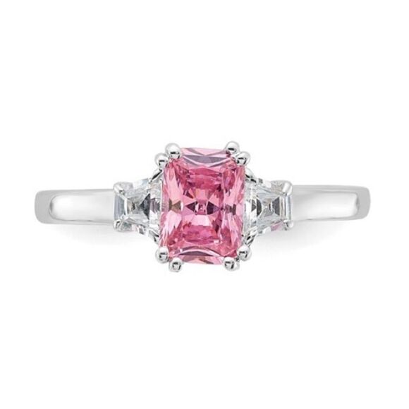 Sterling Silver  Emerald-cut Pink/White Diamonore  Ring, new - Picture 4 of 4